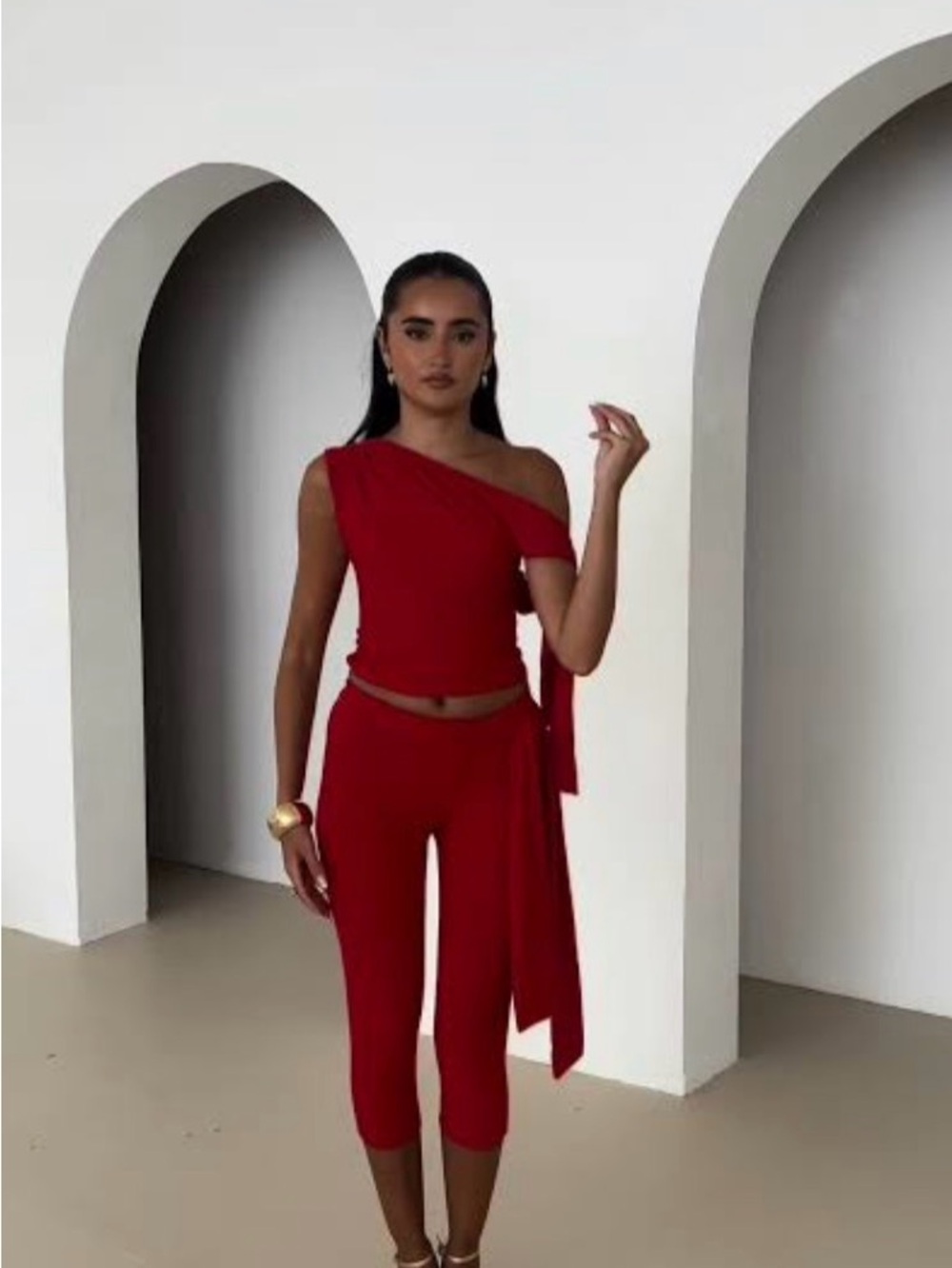 One-Shoulder Red Cropped 2 Piece Set